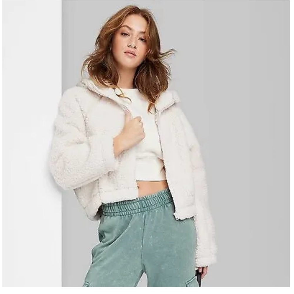 Women's Faux Shearling Full Zip-Up Hooded Sweatshirt-XS/Small-Off White-Wild Fa